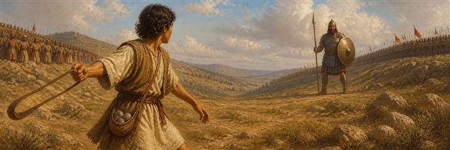 Young David holding a sling across the valley from the armored Goliath